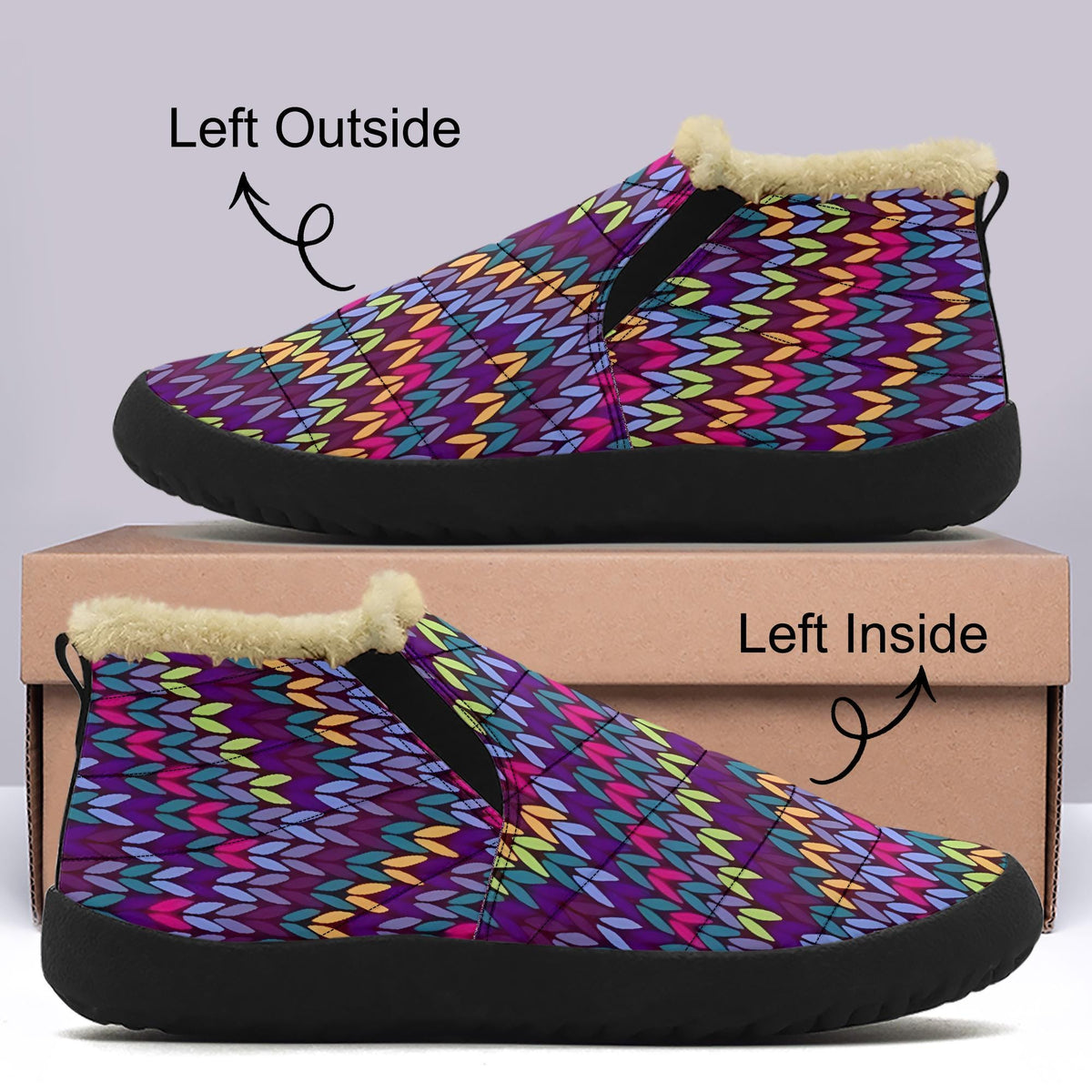 a pair of colorful, patterned slippers with fur trim, displayed on top of a cardboard box.