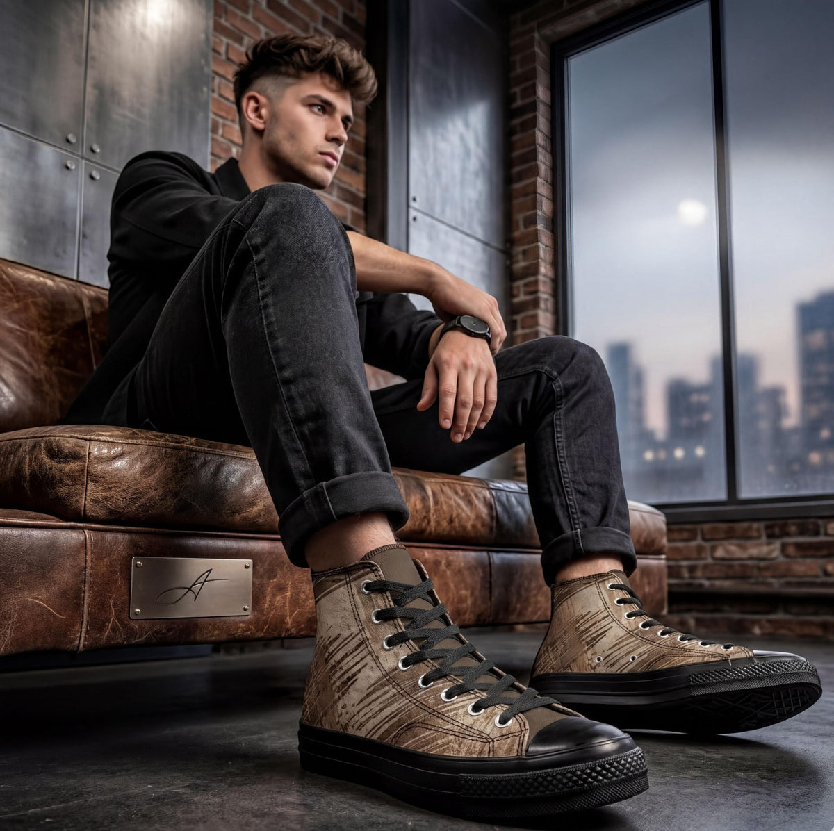 A man in a black jacket and jeans sits on a leather couch, wearing tan and black sneakers, with a cityscape visible through a window in the background.