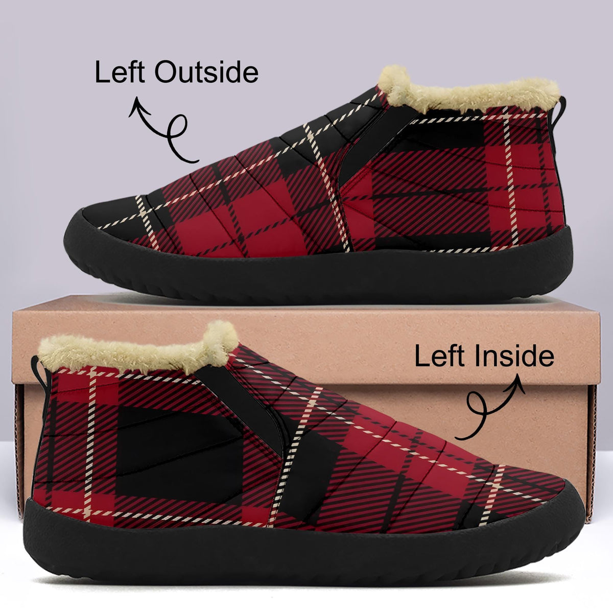 two pairs of red and black plaid winter boots, one with a fur lining and the other without. The boots are placed on top of a cardboard box, with arrows pointing to the left and right sides of the boots to indicate their positions.