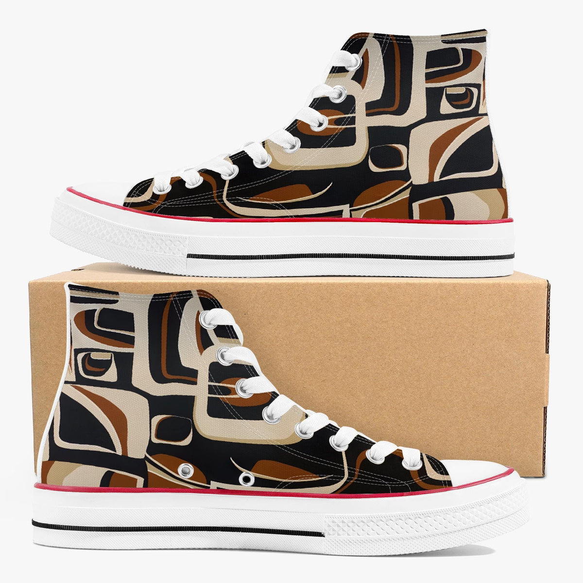 A pair of high-top sneakers with a colorful abstract pattern on the side, placed on top of a cardboard box.