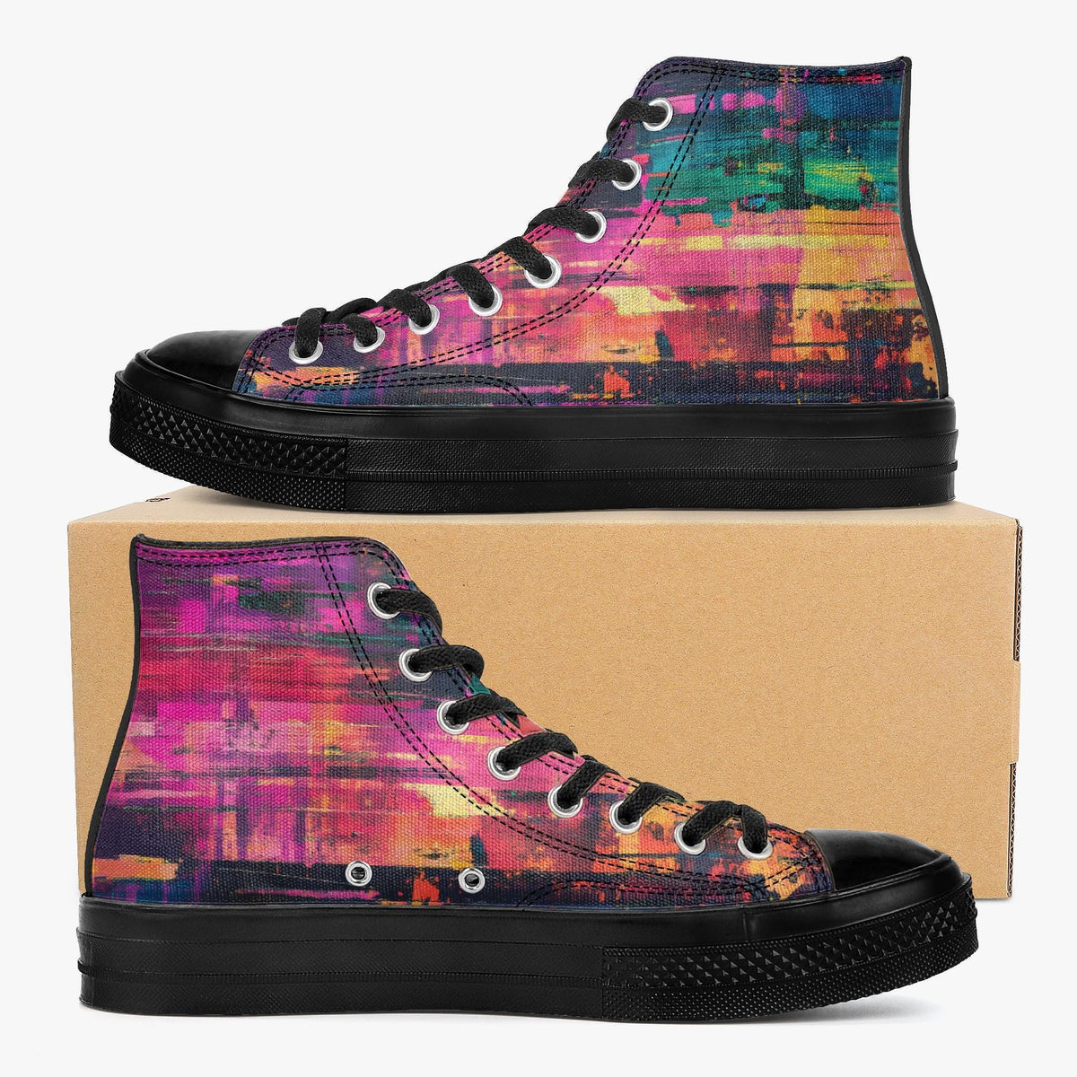 A pair of colorful, patterned high-top sneakers with a vibrant abstract design.