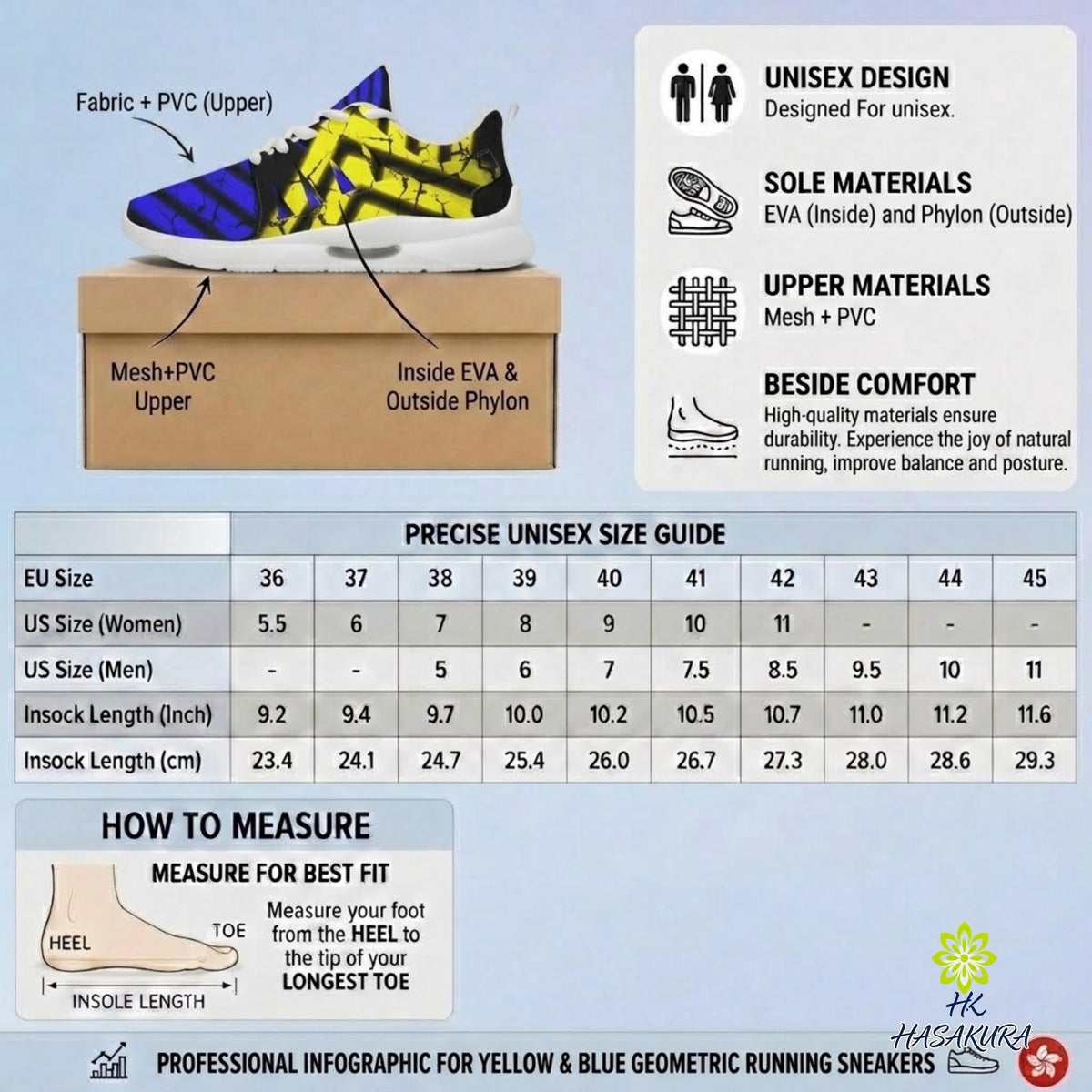 The image is a professional infographic for yellow and blue geometric running sneakers, providing information on the shoe's design, materials, and size guide.