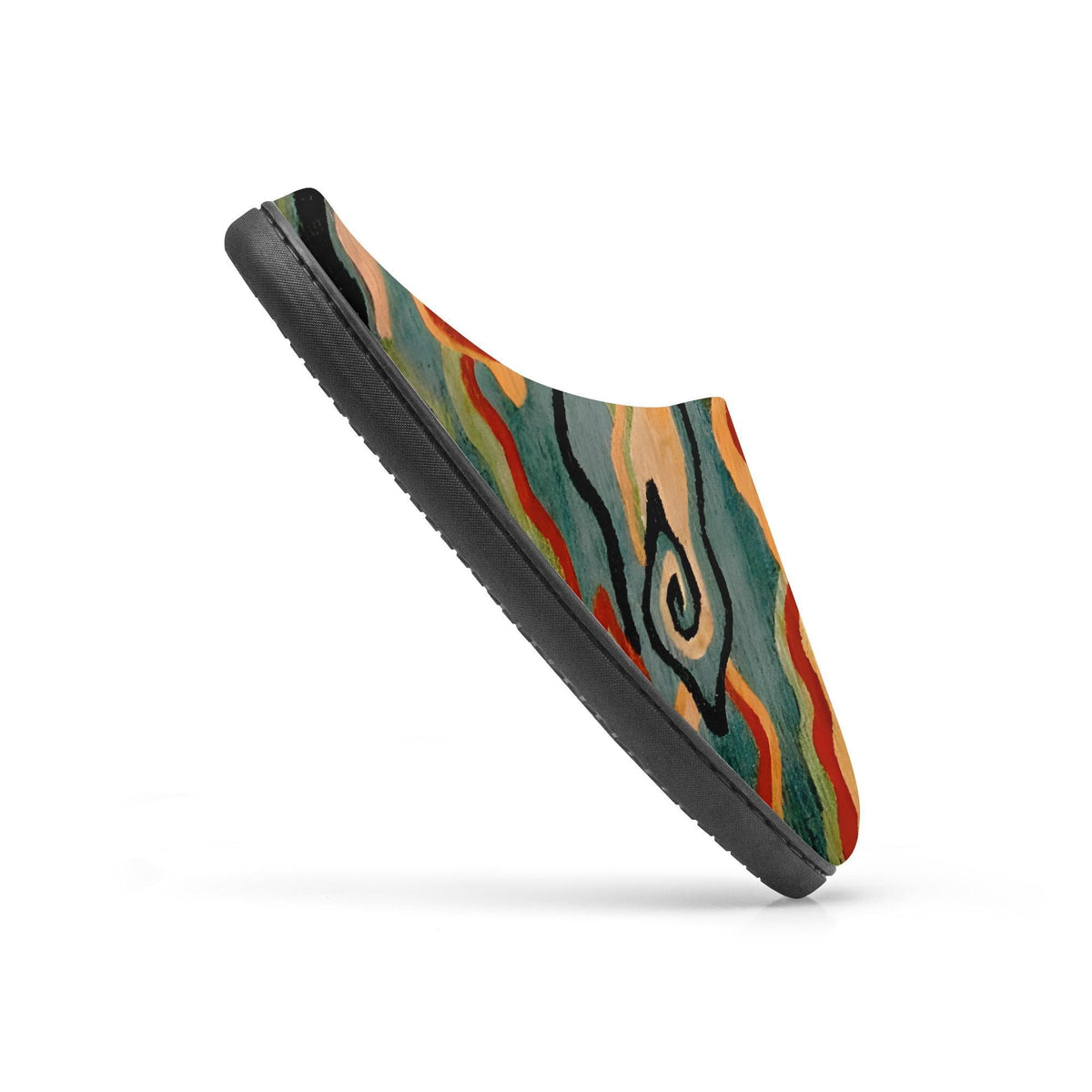 A colorful, abstract slipper with a spiral pattern on the side.