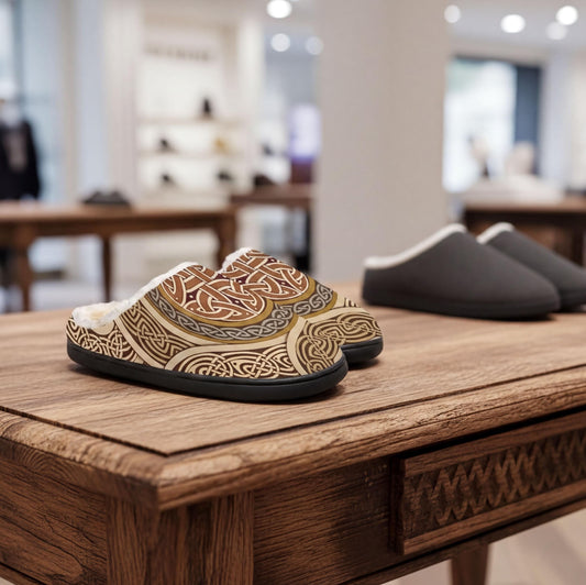 A pair of patterned slippers with fur lining is displayed on a wooden table, with a pair of gray slippers visible in the background.