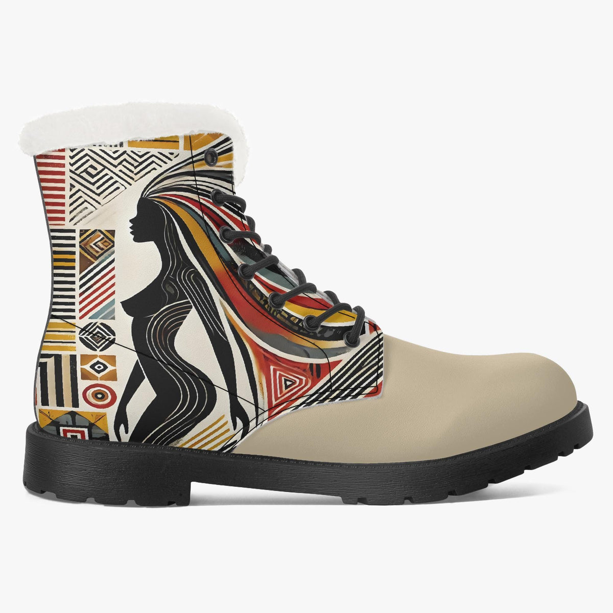 A pair of beige boots with a colorful, abstract pattern on the side.