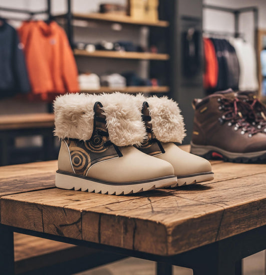A pair of white fur boots with a unique design sits on a wooden table in a clothing store, with various winter clothing items visible in the background.
