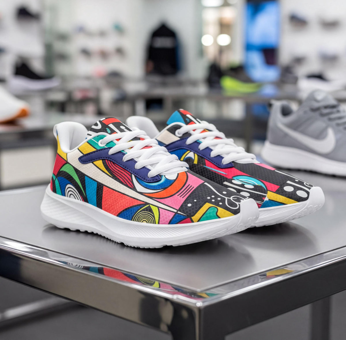 A pair of colorful, patterned sneakers on display on a table in a store.