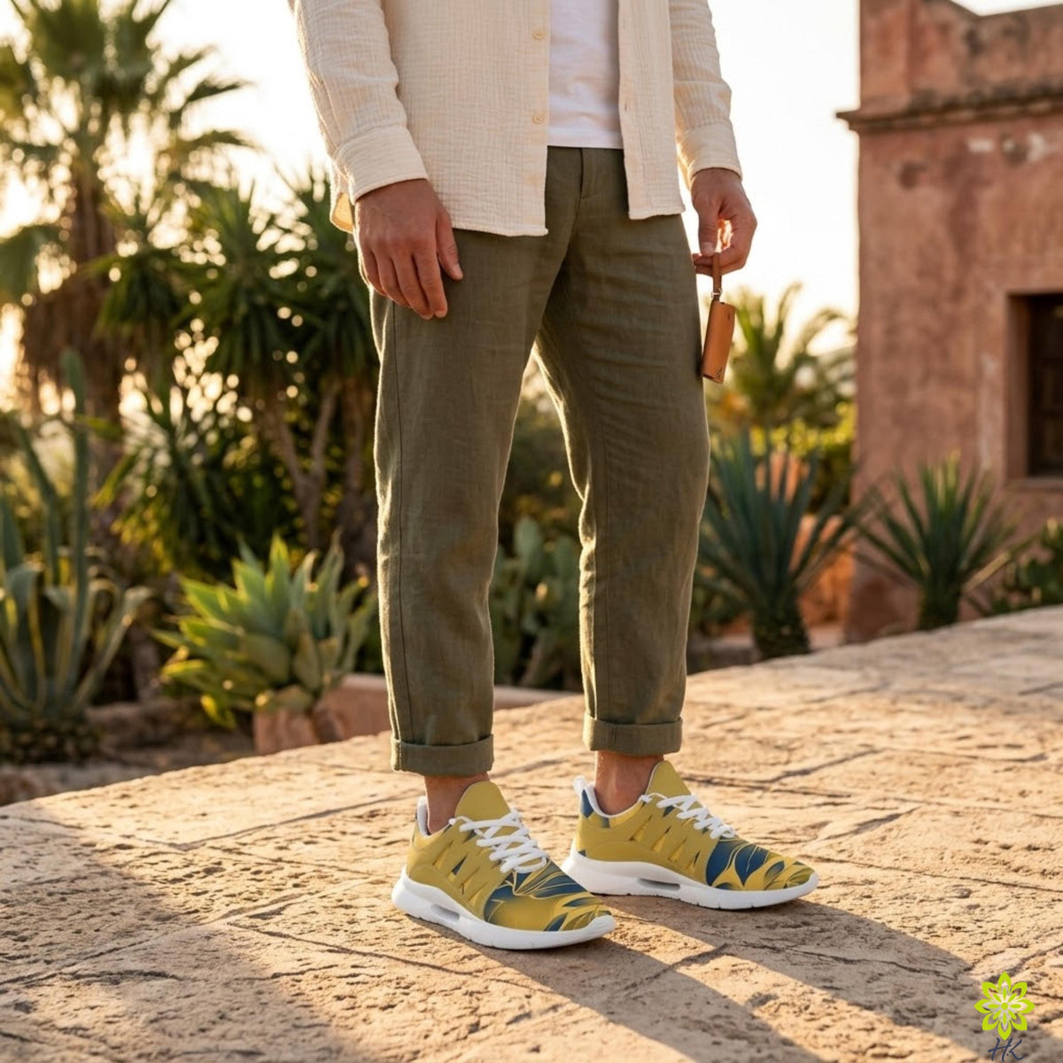 A person wearing olive green pants and yellow sneakers stands on a stone path surrounded by lush greenery.