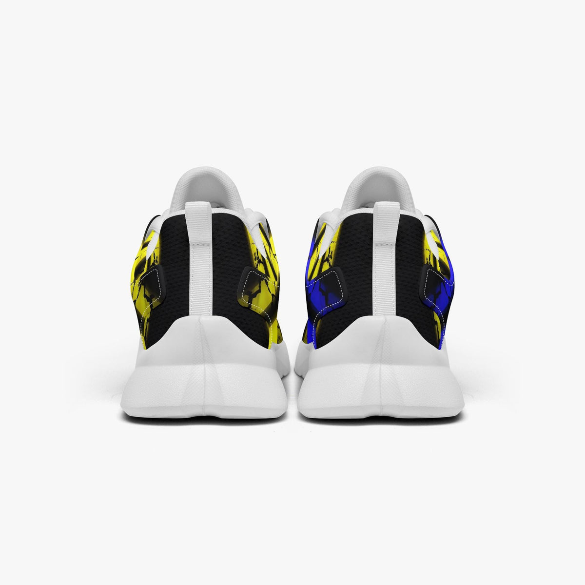 A pair of white sneakers with a colorful, abstract pattern on the back.