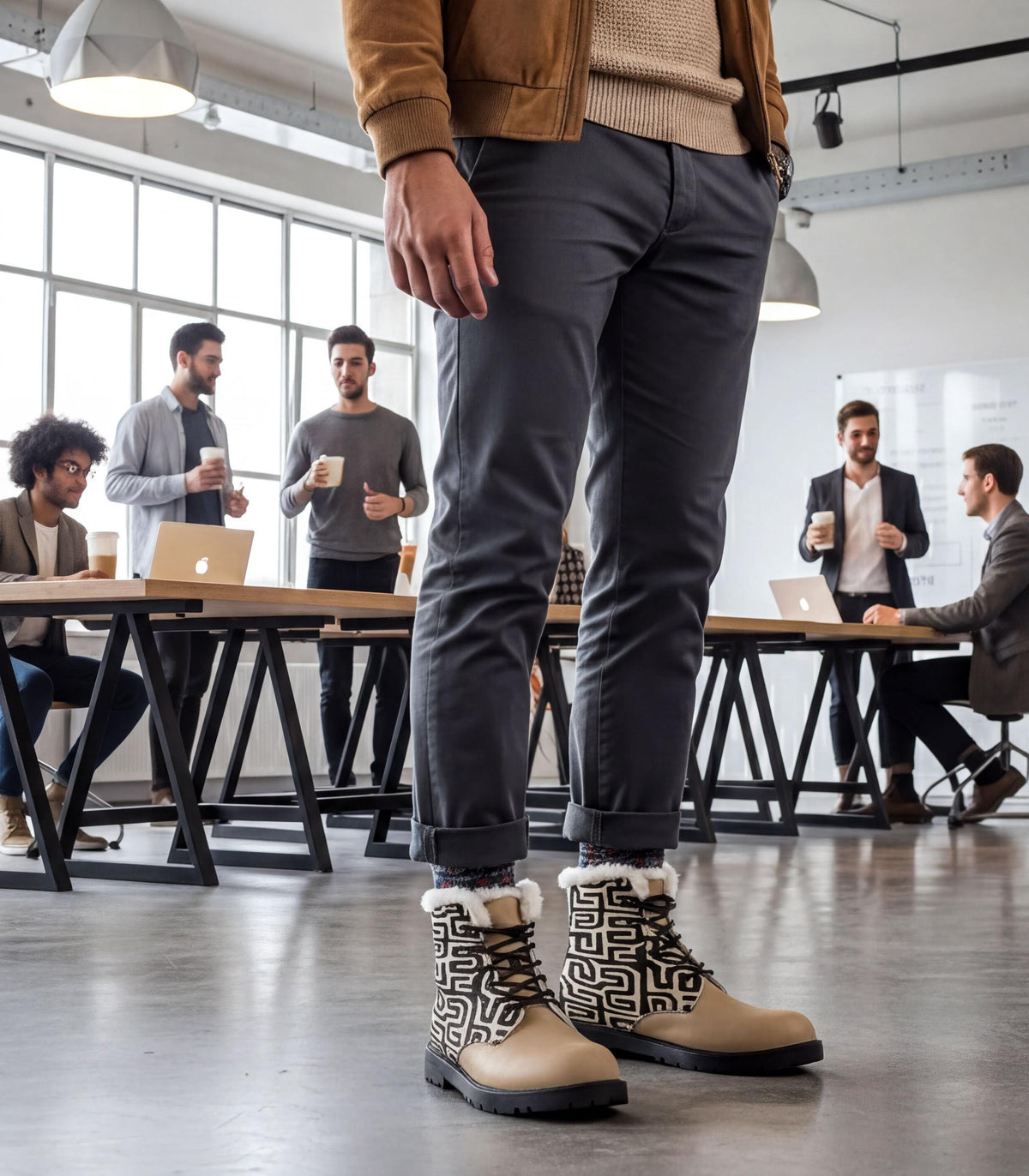 A person wearing patterned boots stands in a room with other people working at desks, while others are seated at desks with laptops.