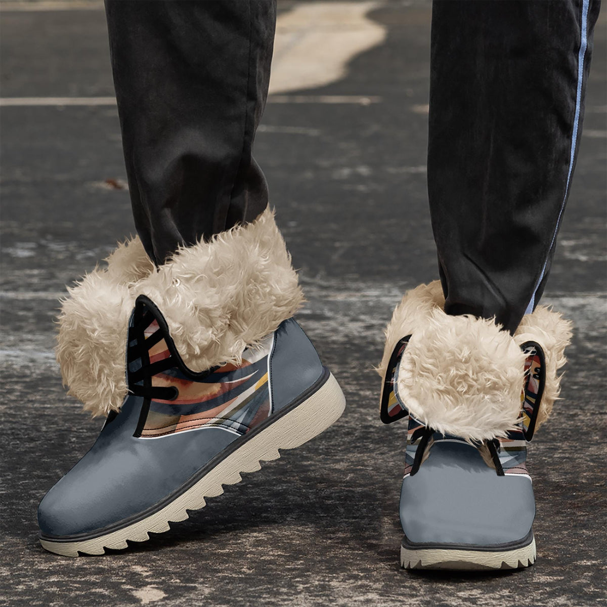 Winterlaarzen van Faux Fur met Abstract Golfmotief, Unisex Veterlaarzen