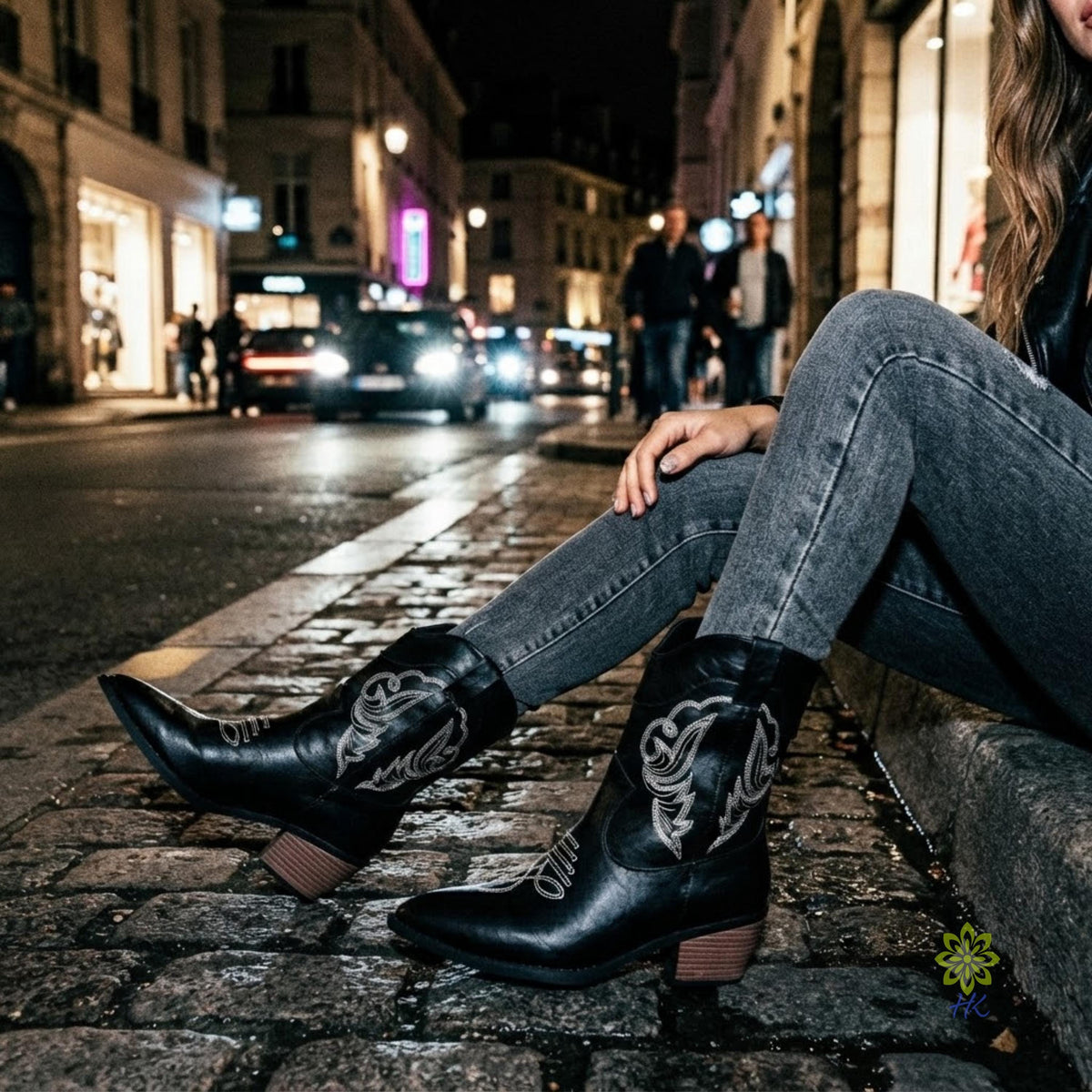 Black Embroidered Western Cowgirl Boots with Pointed Toe