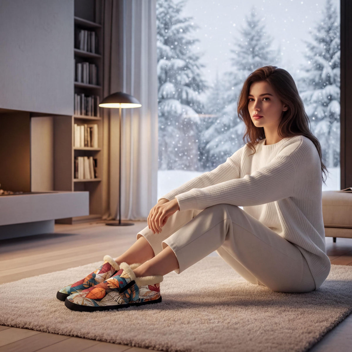 A woman sits on a rug in a cozy living room, wearing a white sweater and colorful slippers, with a view of snow-covered trees outside the window.