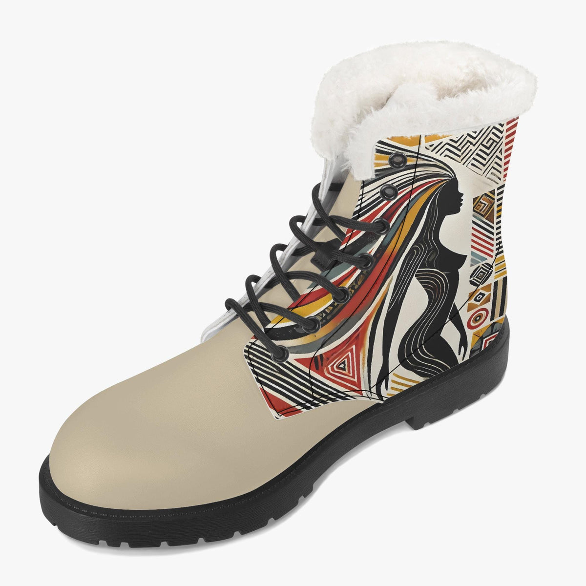 A beige boot with a white fur lining and a colorful abstract design on the side.