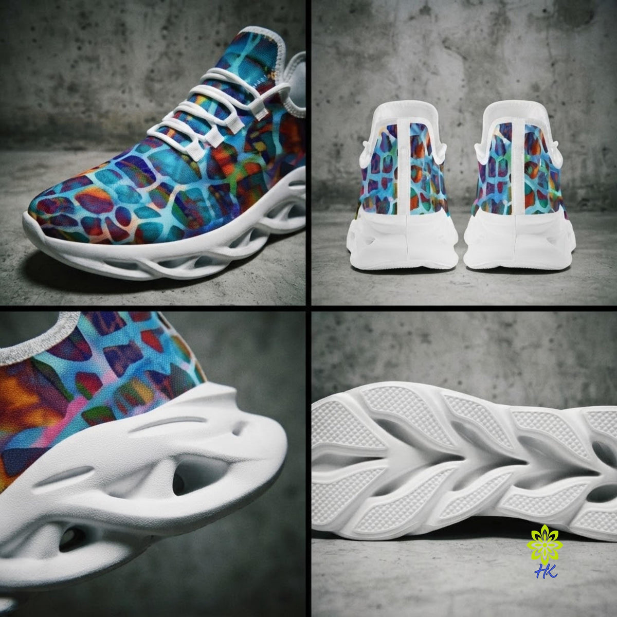 A four-panel product collage showing a sneaker from multiple angles: side profile, back view, close-up of the heel area, and the sole. The upper has a vivid multicolor abstract print with blue, purple, red, orange, and green tones, while the sole and laces are white.