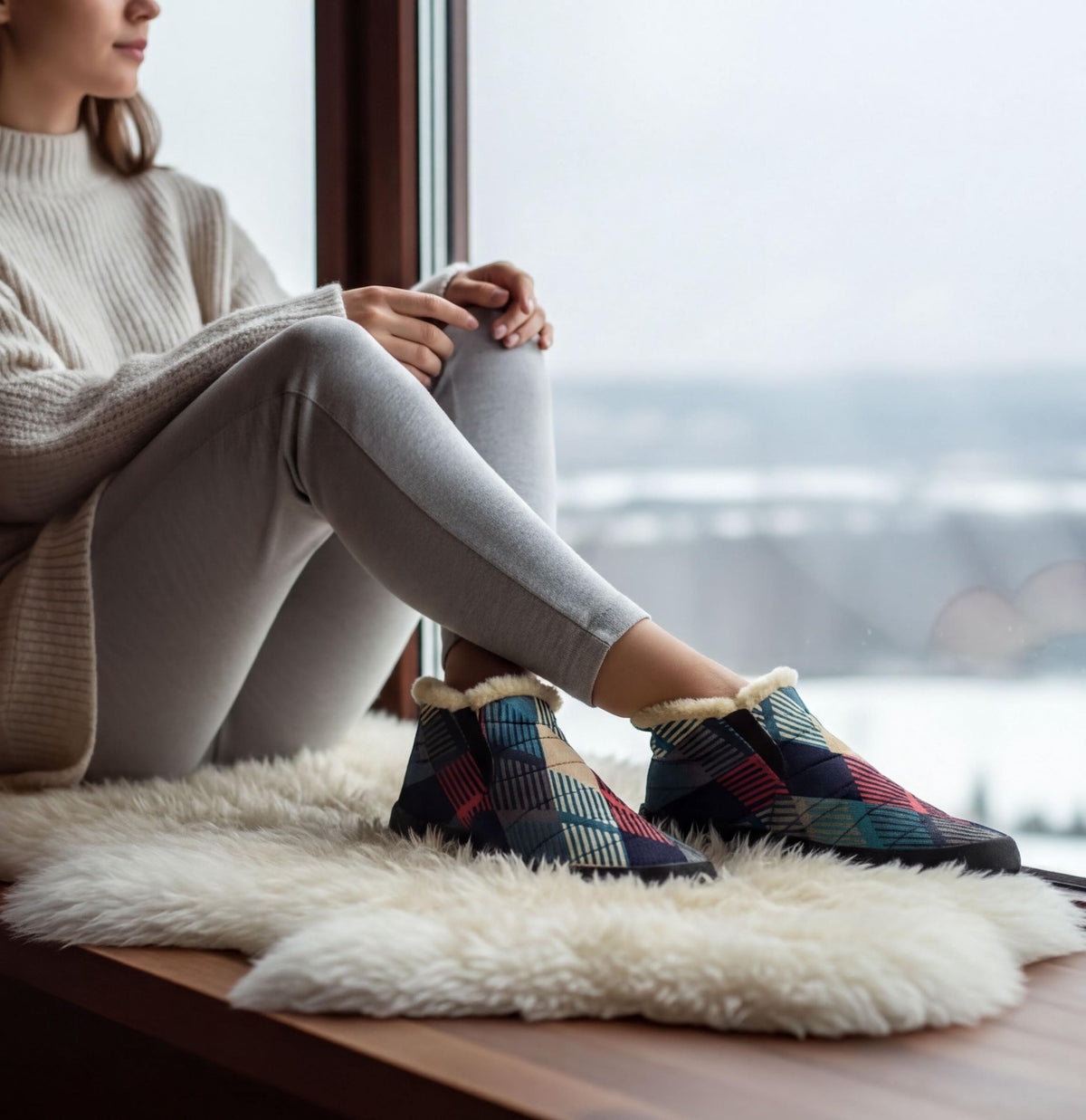 A person is sitting on a window sill, wearing gray pants and colorful patterned boots, with a view of a snowy landscape outside.