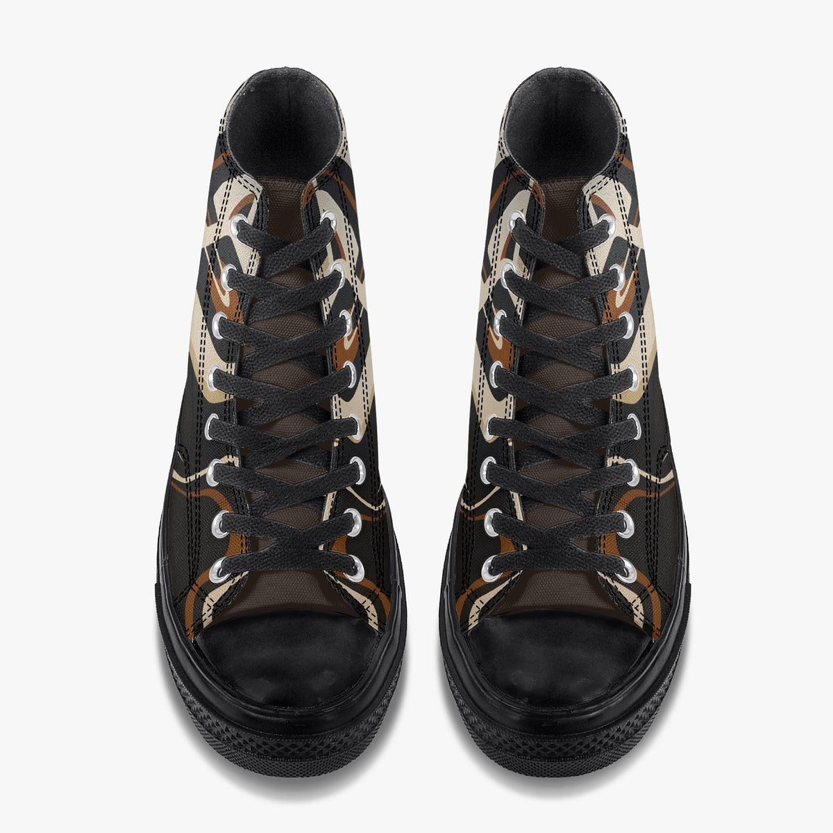 A pair of black and brown high-top sneakers with a distinctive patterned design.
