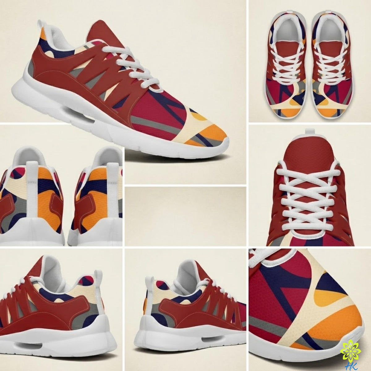 A collage of colorful, abstract-patterned sneakers in various positions and angles, showcasing different perspectives and details of the footwear.