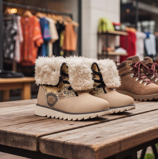 A pair of beige boots with fur trim, displayed on a wooden table in a clothing store.
