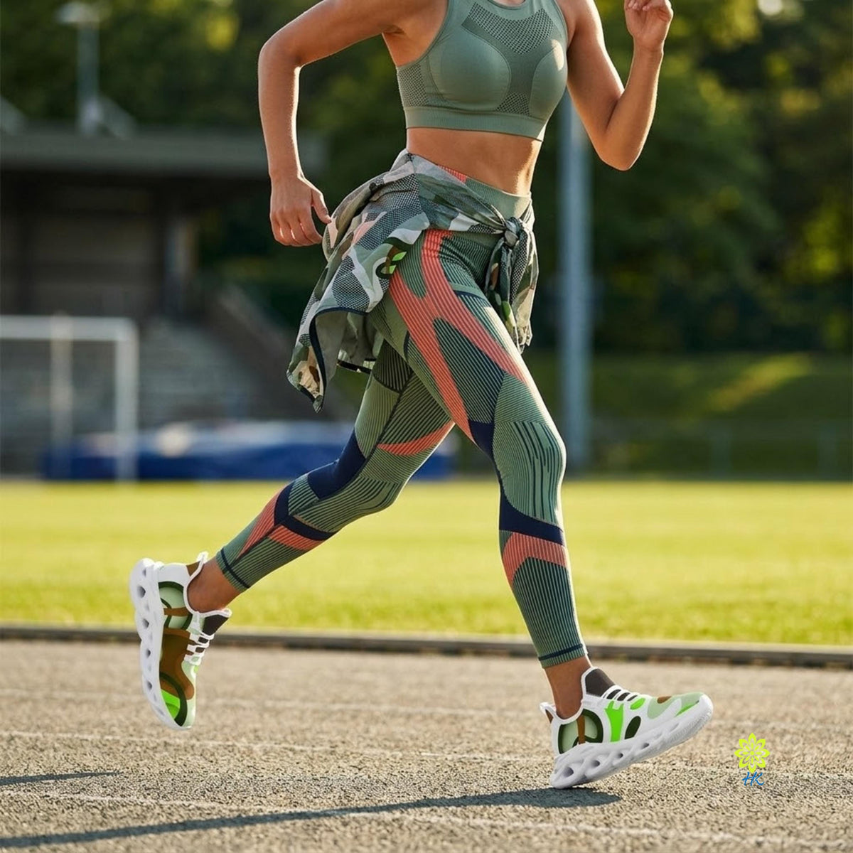 A woman wearing a green sports bra and leggings is running on a track, with a blurred background of trees and a stadium.