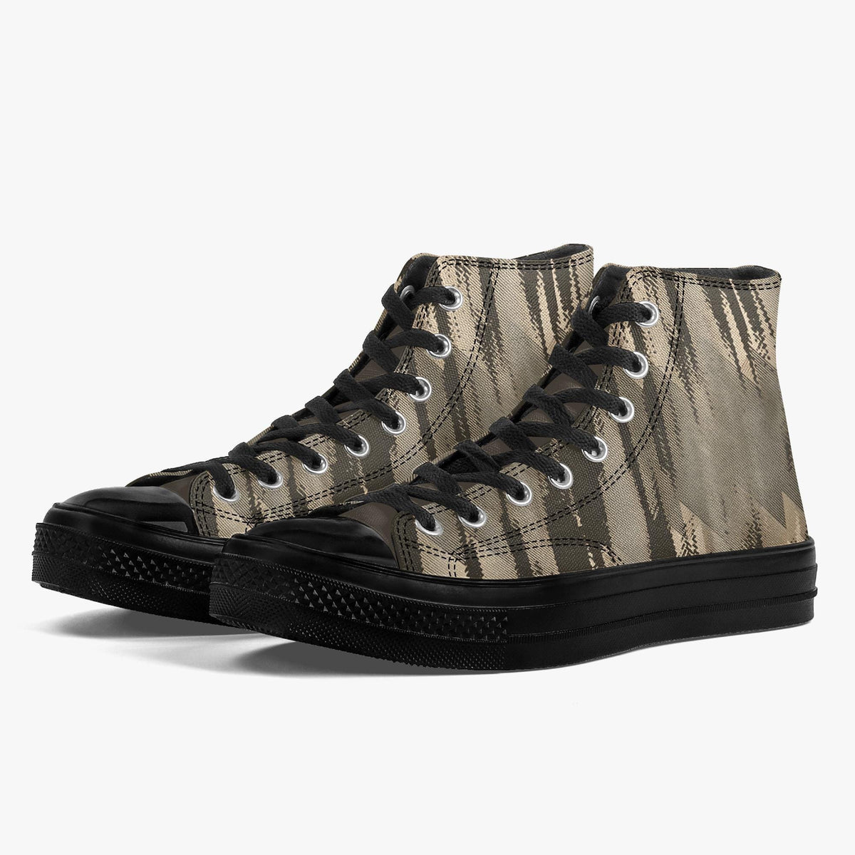 A pair of black and tan high-top sneakers with a distinctive tree-like pattern on the side.