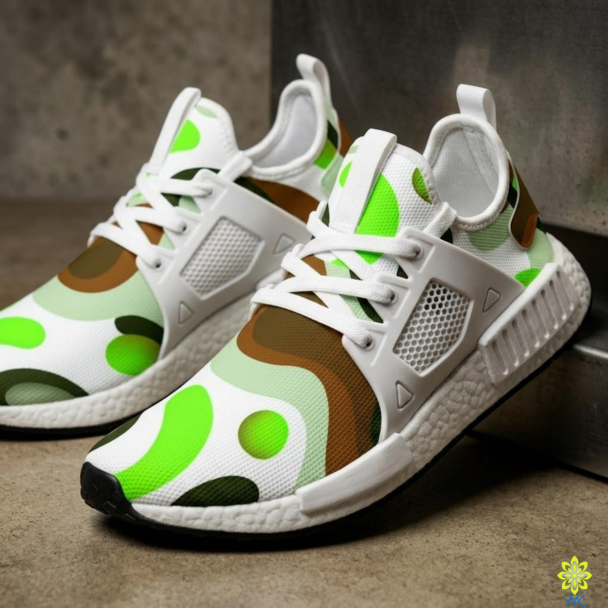 A pair of white and green patterned sneakers with a unique design.