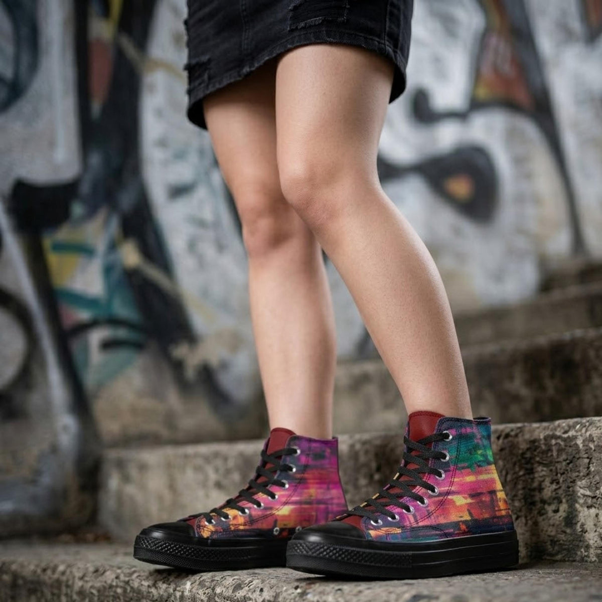 A person wearing colorful sneakers stands on a set of stairs in front of a graffiti-covered wall.