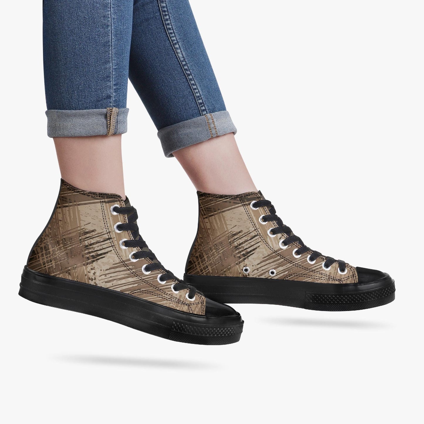 A pair of black and brown high-top sneakers with a distinctive pattern on the side.
