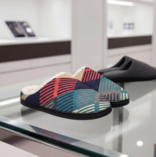 A pair of colorful patterned slippers is displayed on a glass table, with a pair of black slippers visible in the background.