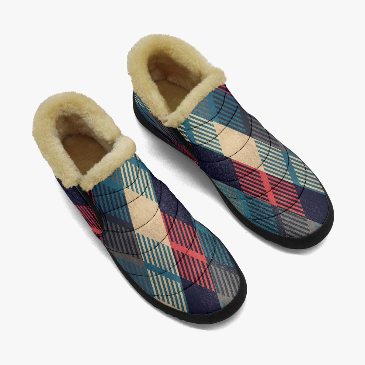 A pair of colorful, patterned winter boots with fur lining.