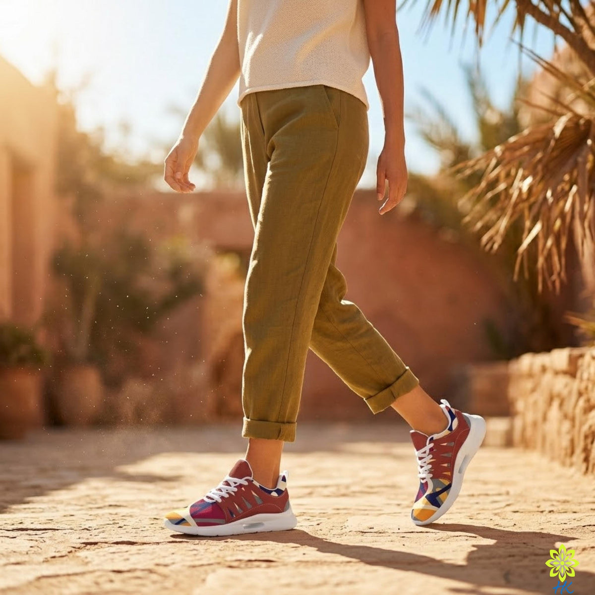 A person wearing olive green pants and colorful sneakers is walking on a brick path in a sunny outdoor setting.