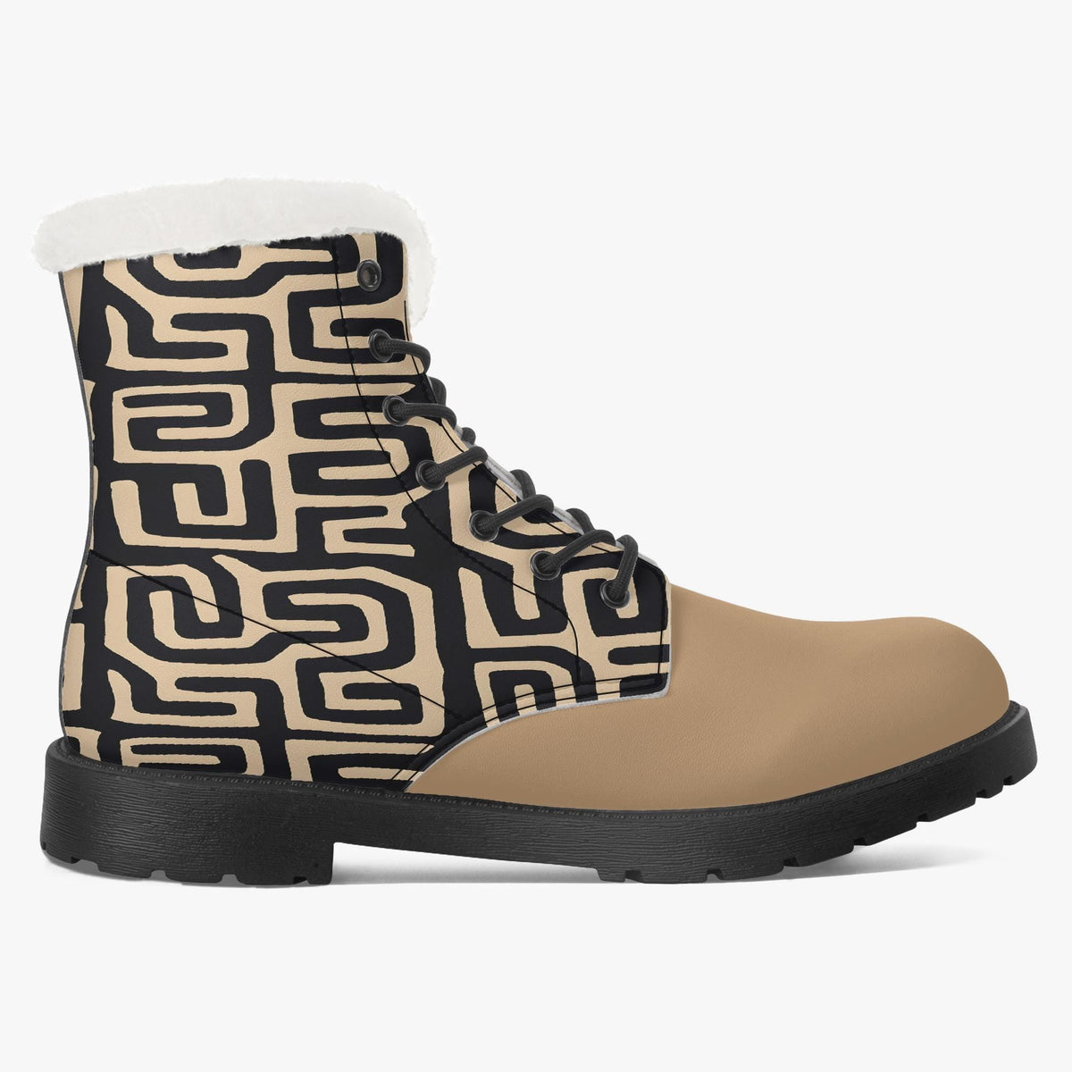 A pair of tan boots with a black and white geometric pattern on the side.