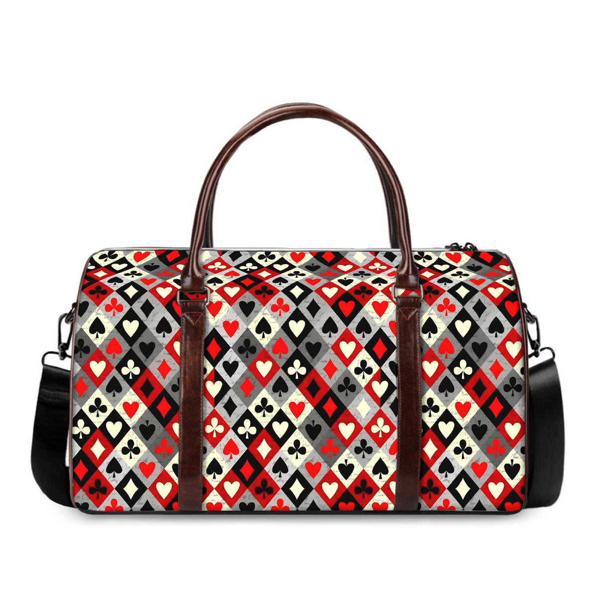 A duffle bag with a red, black, and white playing card suit pattern, featuring brown leather handles and trim, and a black shoulder strap, shown against a plain white background.