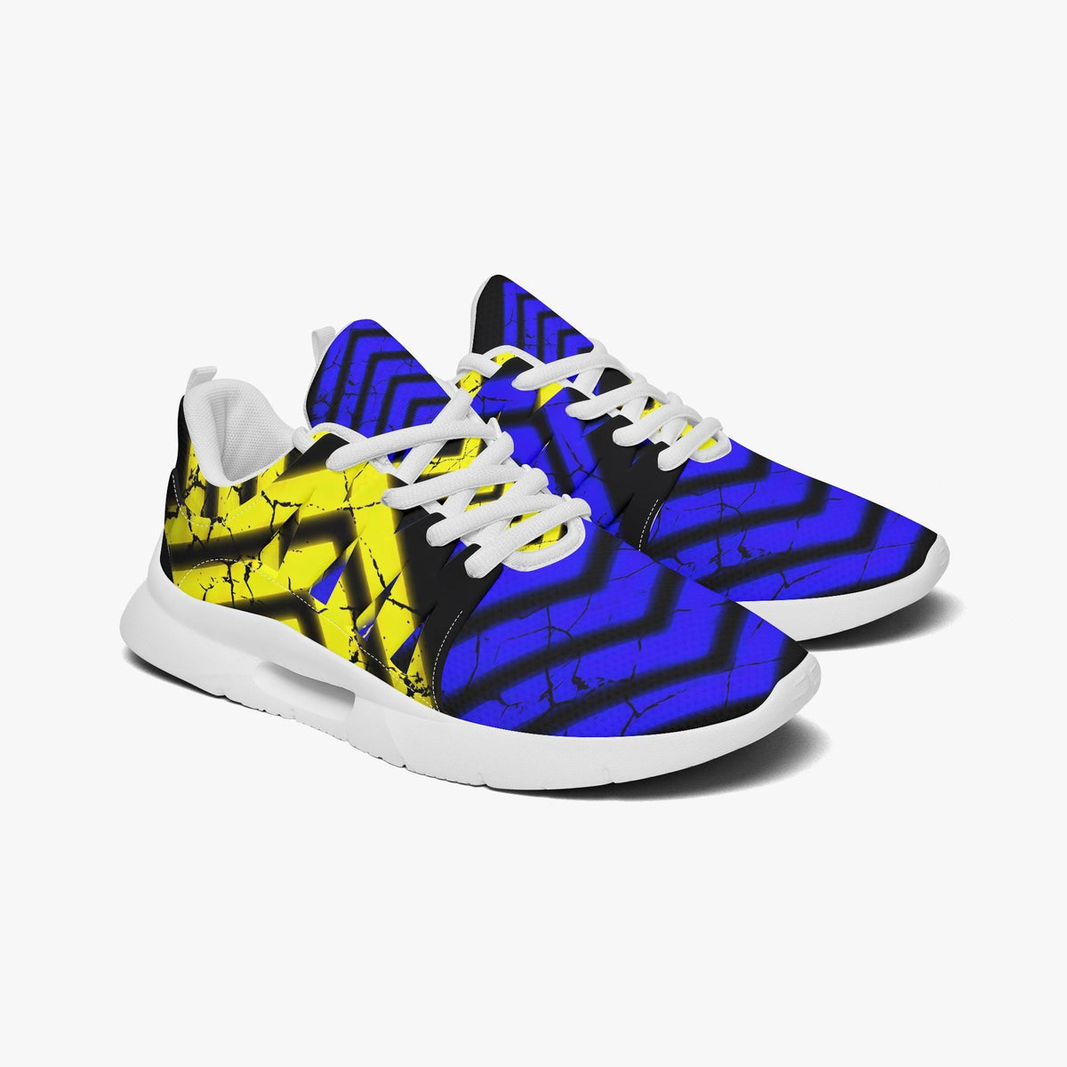 A pair of colorful sneakers with a bold, geometric pattern in yellow and blue.