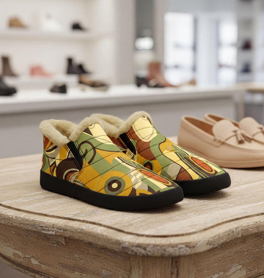 A pair of colorful, patterned shoes with fur lining, displayed on a wooden table in a store.