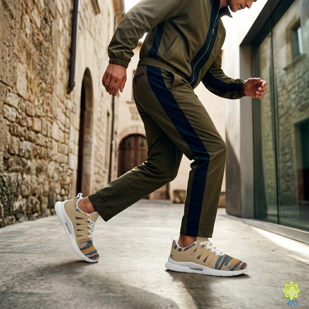 A man wearing a green tracksuit and colorful sneakers is walking down a narrow alleyway between stone buildings.