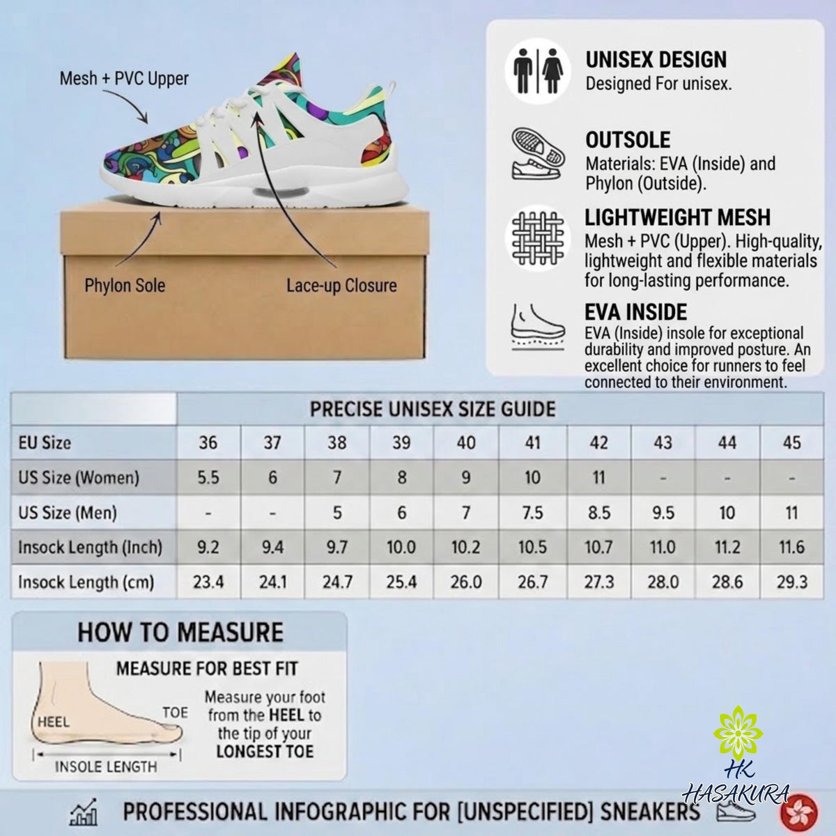 The image is a professional infographic for unspecific sneakers, providing information on the design, materials, and measurements for various shoe models.