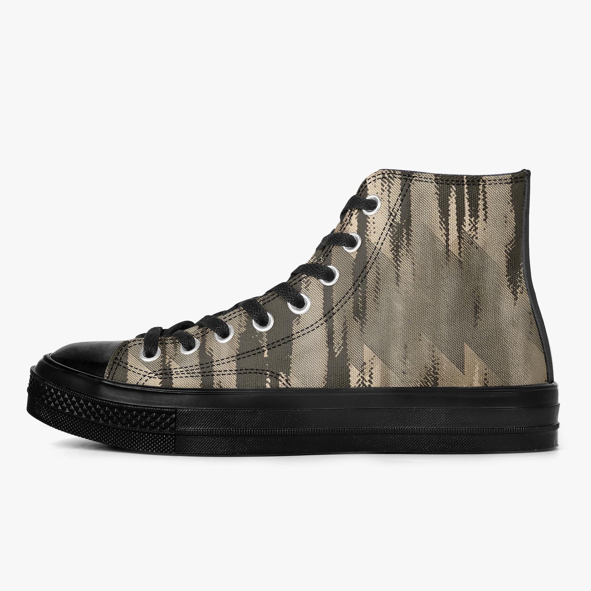 A black and tan high-top sneaker with a camouflage pattern on the side.