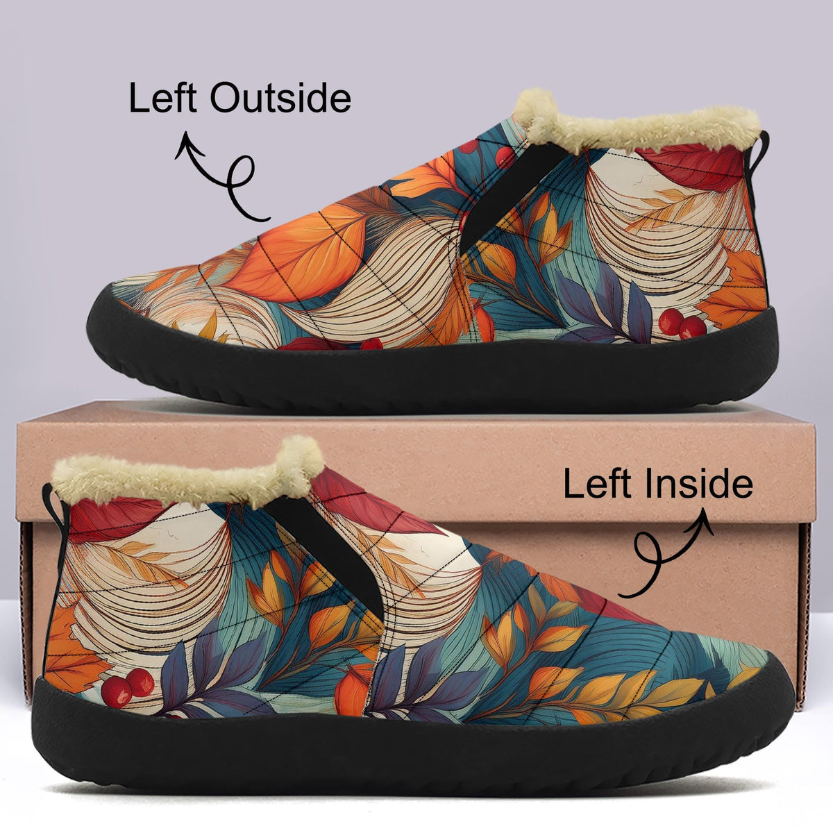 a pair of colorful, patterned shoes with fur trim, displayed on top of a cardboard box.
