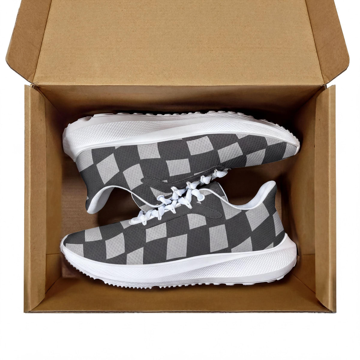 A pair of black and white checkered sneakers are displayed in an open cardboard box.