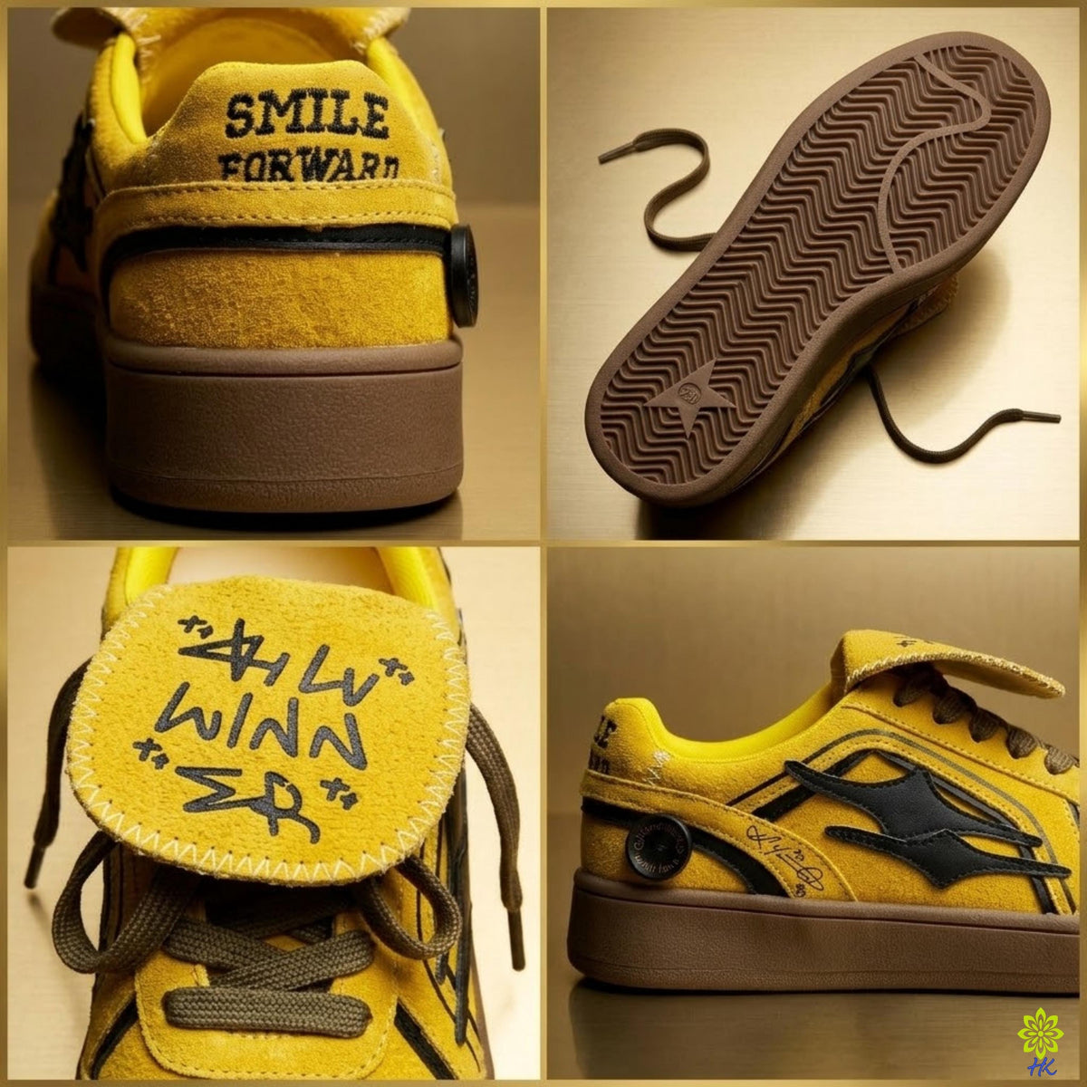 The image is a collage of four photos showing different aspects of a yellow sneaker, including the back, sole, and laces.