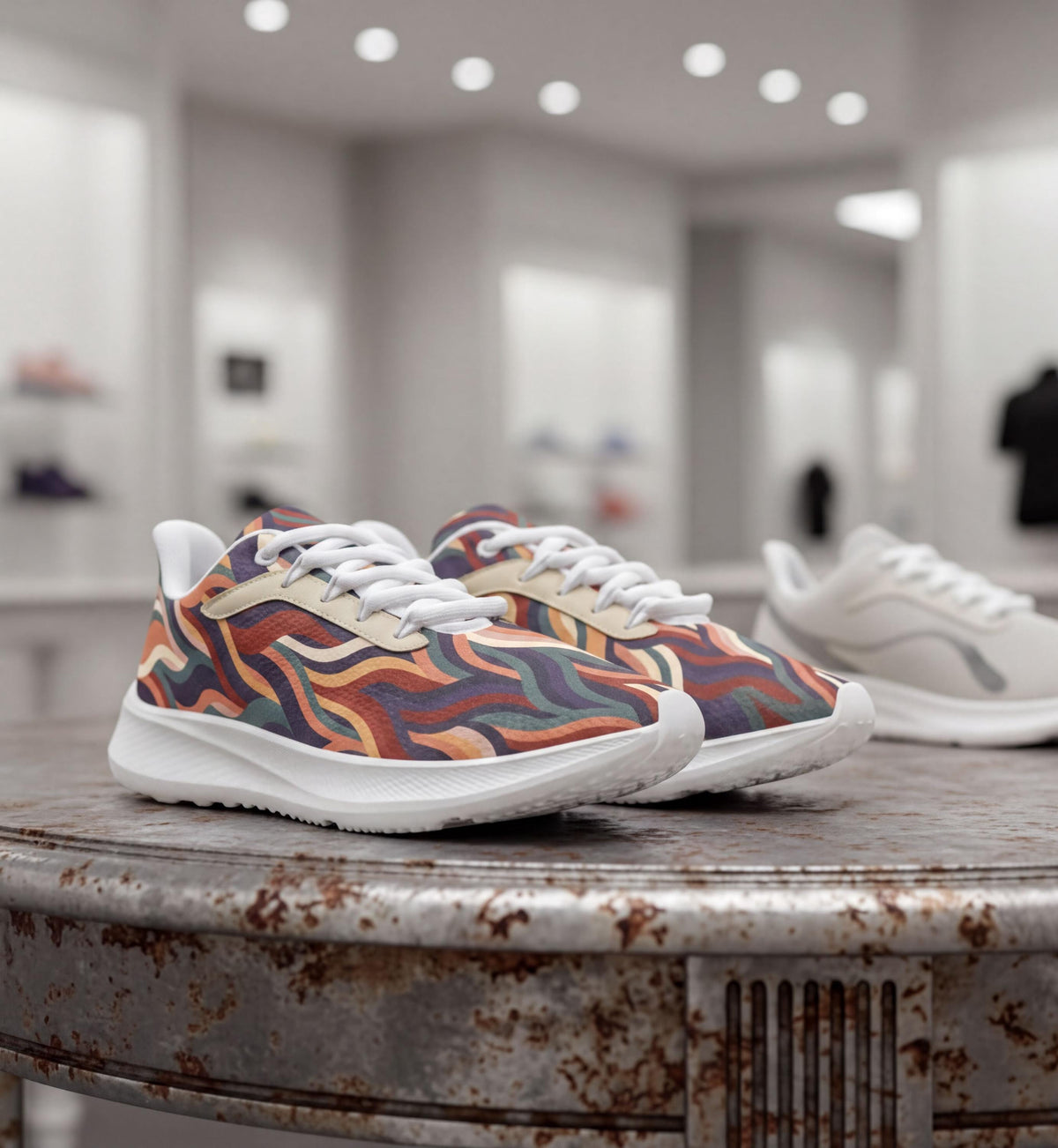 A pair of colorful, patterned sneakers with white laces is displayed on a rusted metal table in a store.