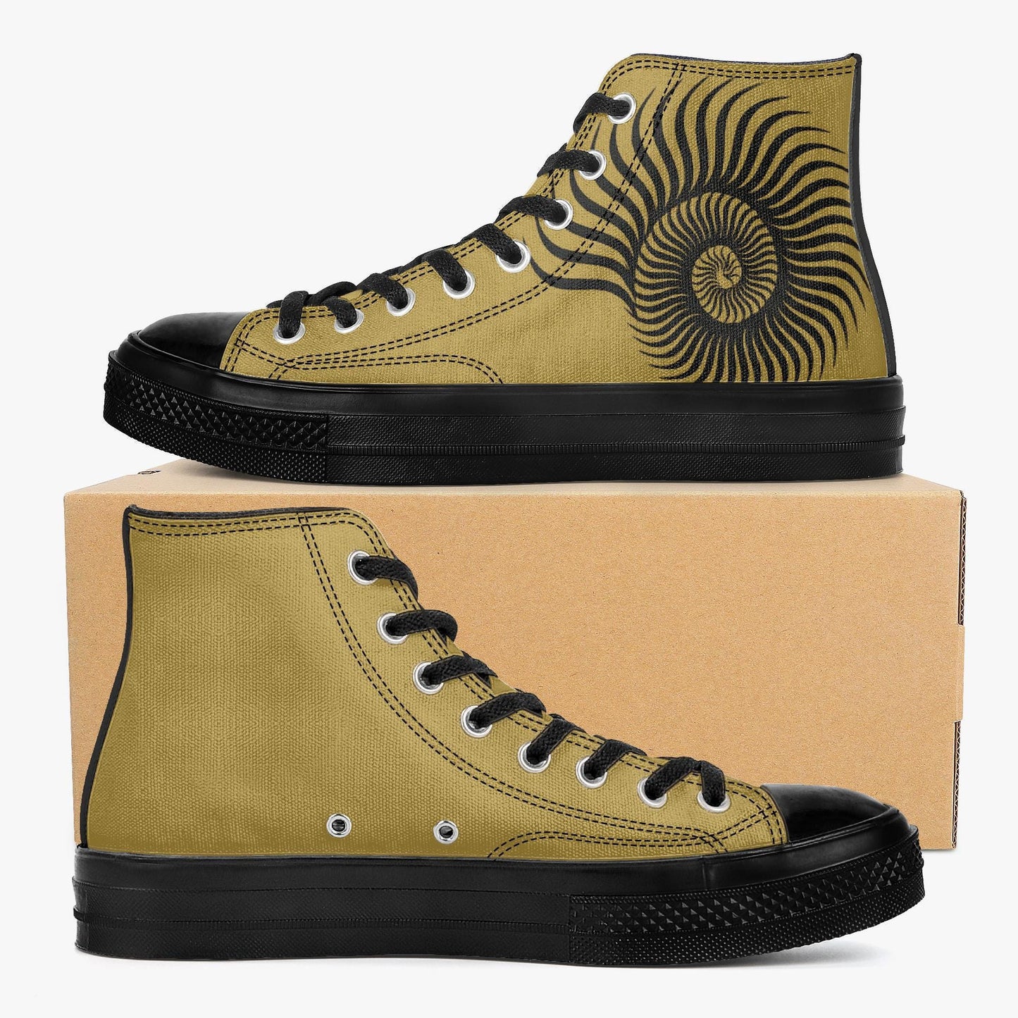 A pair of yellow and black high-top sneakers with a black and gold design on the side.