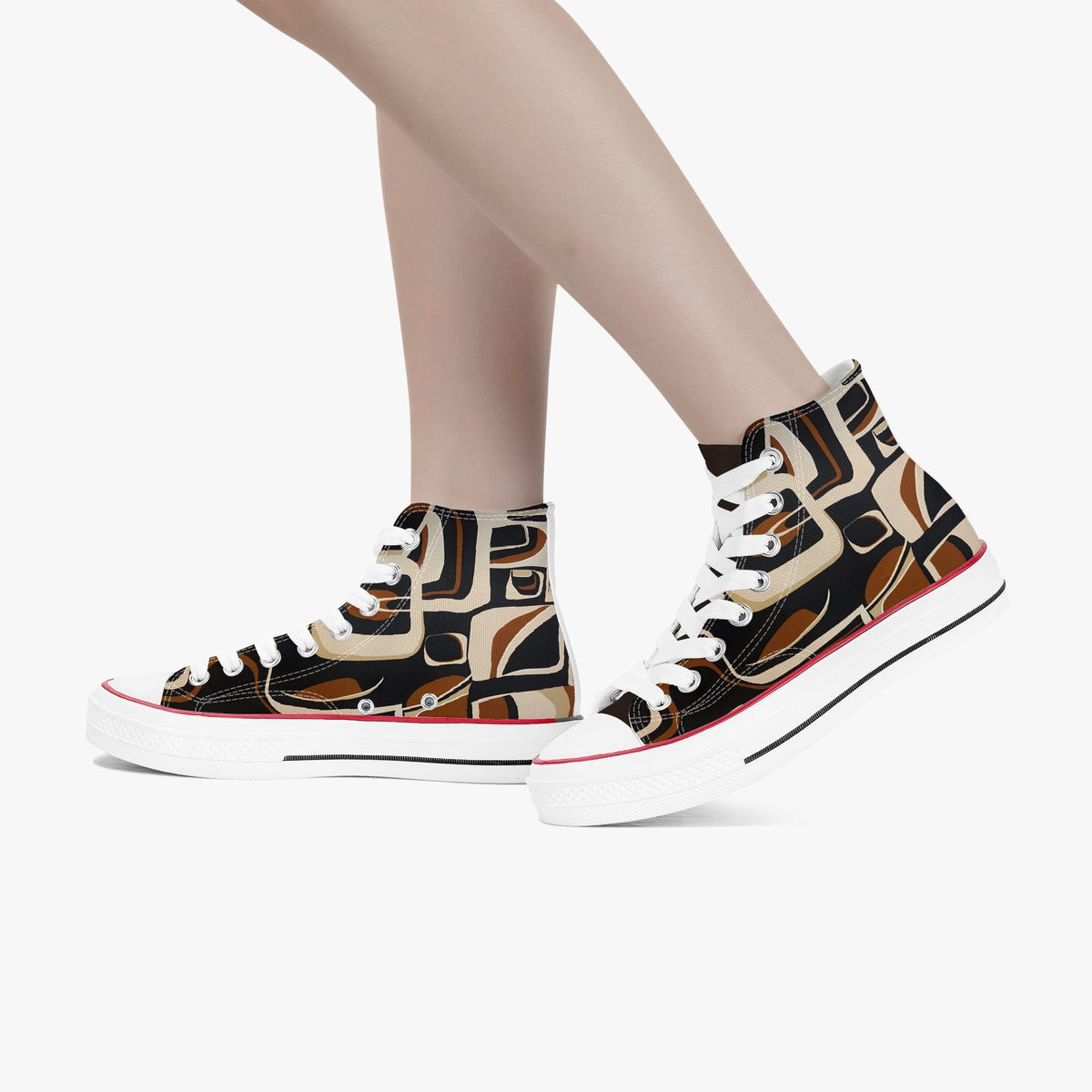 A pair of high-top sneakers with a colorful, abstract pattern on the side.