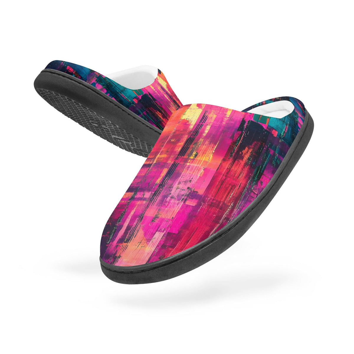 A pair of colorful, abstract slippers with a vibrant pattern of pink, orange, and blue lines.