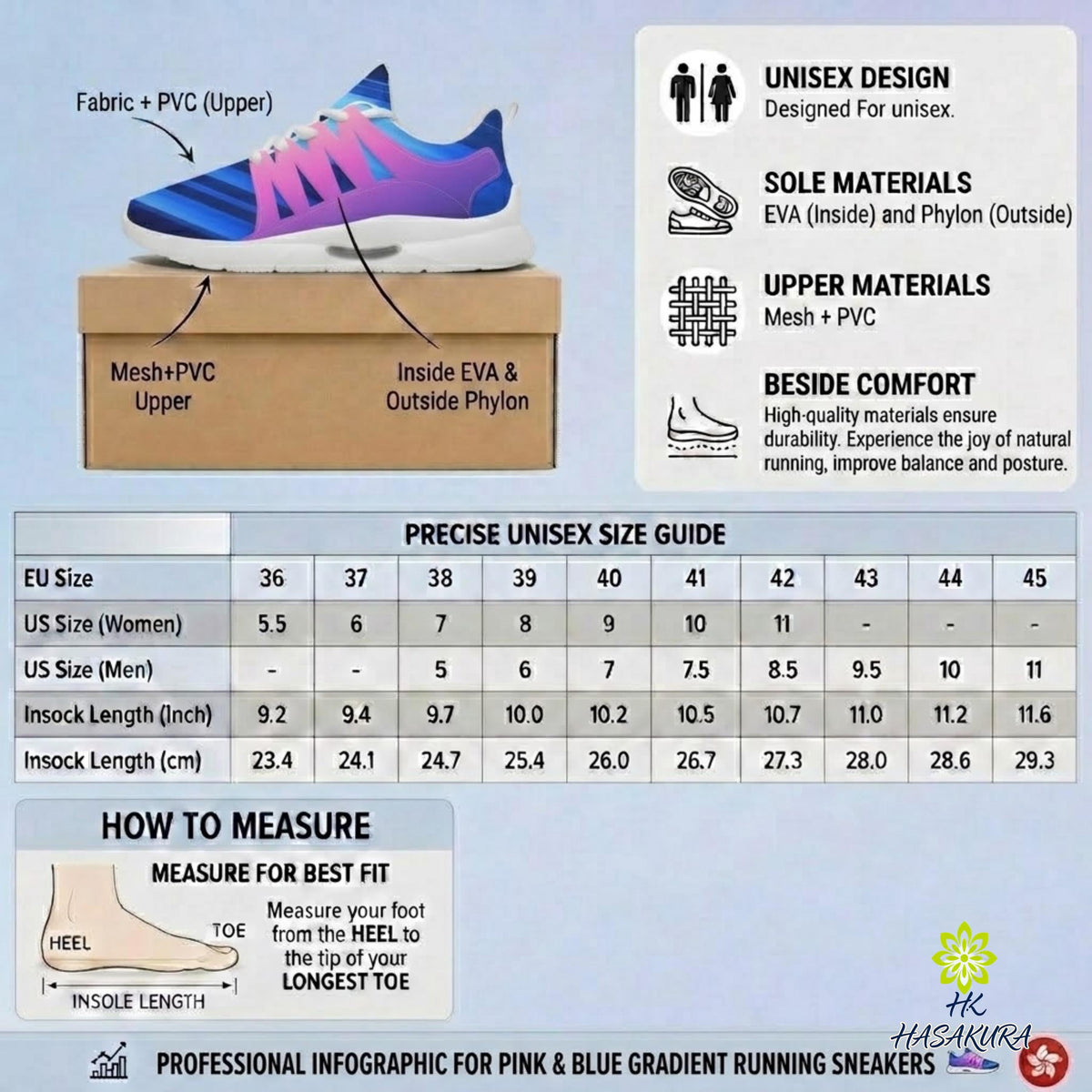 The image is a professional infographic for pink and blue gradient running sneakers, providing information on the shoe's design, materials, and size guide.