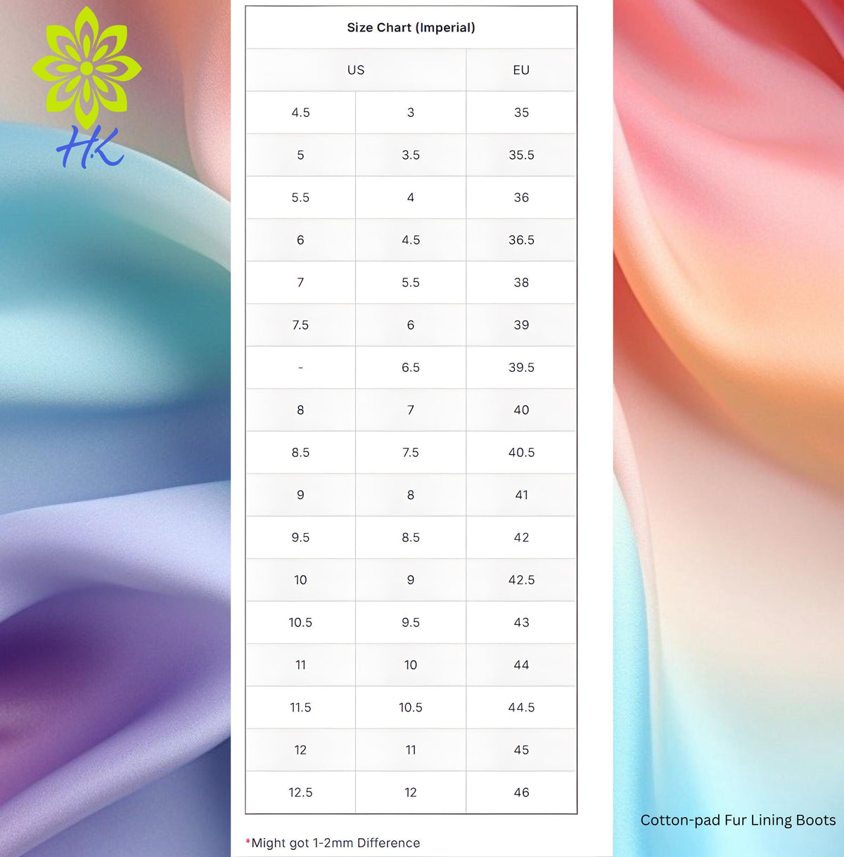 The image is a size chart for cotton-pad fur lining boots, showing the US and EU sizes for different shoe heights.