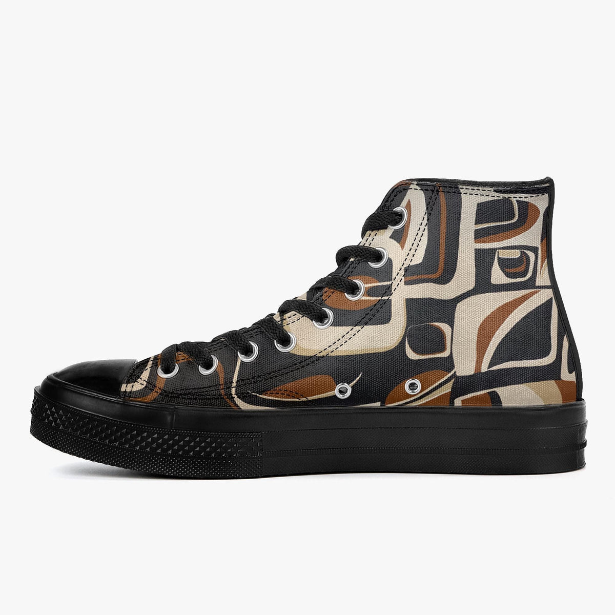 A pair of high-top sneakers with a black and brown abstract pattern on the side.
