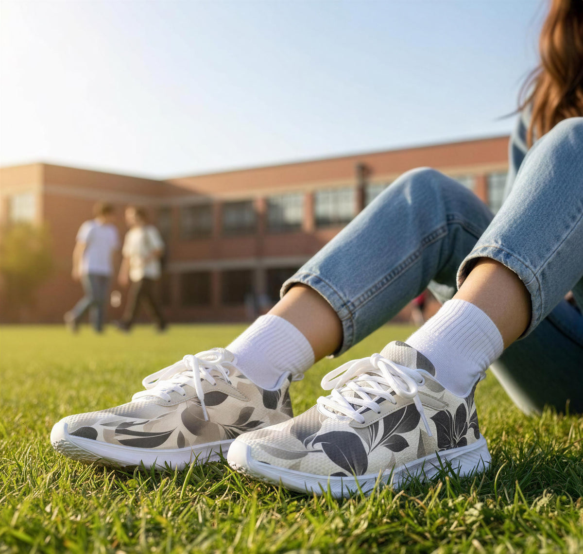 A person is sitting on the grass wearing white sneakers with a floral pattern.