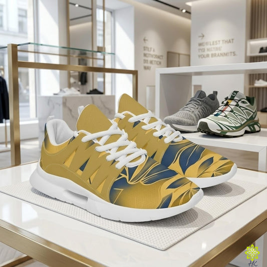 A pair of yellow and blue patterned sneakers on display in a store, with other shoes visible in the background.